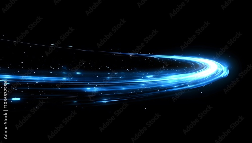 Obraz premium Abstract blue glowing light speed effect background with a curved path for technology and digital design, illustration of a fast motion trail in the night sky.