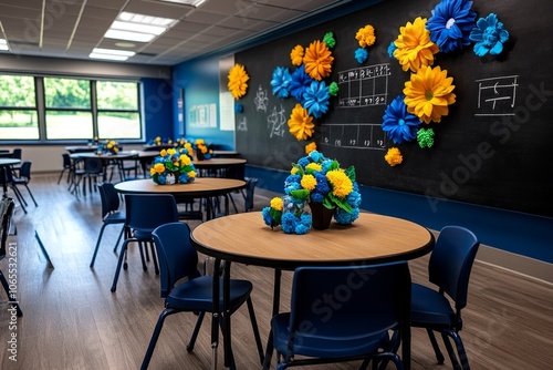 Classroom with a chalkboard showing the steps to factorize a trinomial, capturing the teaching environment for algebra concepts