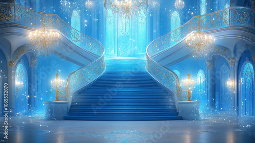 A grand, fairytale-like staircase with a blue and gold color scheme, illuminated by sparkling lights and chandeliers.