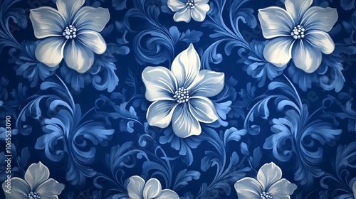 Seamless floral pattern with white flowers and blue leaves on dark blue background.