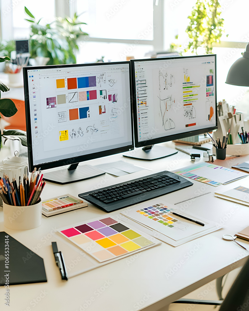 A white desk with two monitors, a keyboard, a mouse, a pencil holder, a color palette, and papers. A white desk with two monitors, a keyboard, a mouse, a pencil holder, a color palette, and papers.