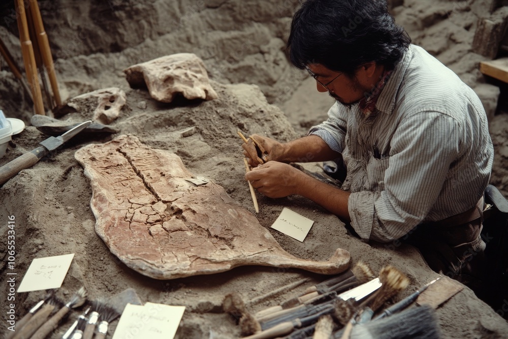 An archaeologist skillfully excavating a large dinosaur fossil slab at a dig site, revealing the hidden pieces of ancient history with precision and care. An archaeologist skillfully excavating a large dinosaur fossil slab at a dig site, revealing the hidden pieces of ancient history with precision and care.