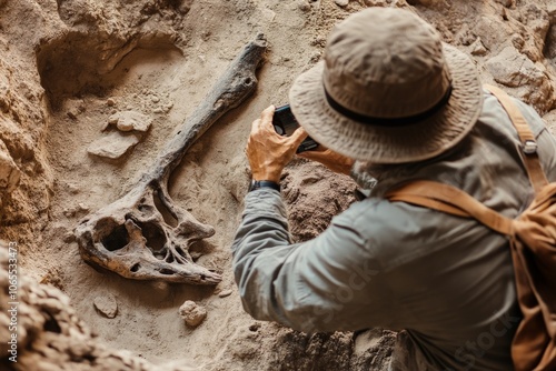 An archaeologist keenly photographing a remarkably intact dinosaur skull at a dig site, preserving the fascinating discovery of Earth's ancient natural heritage. photo