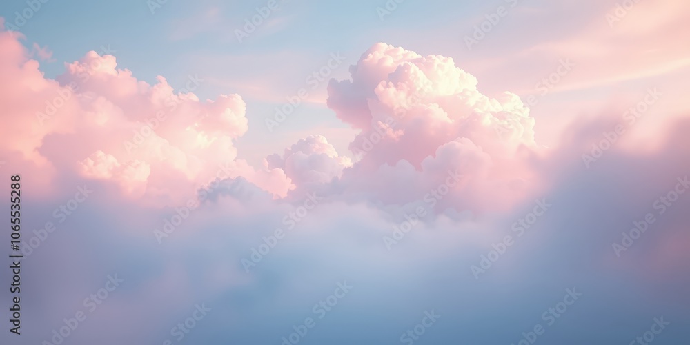 Fototapeta premium Soft, fluffy pink clouds drift across a pastel blue sky, creating a dreamy and ethereal landscape.