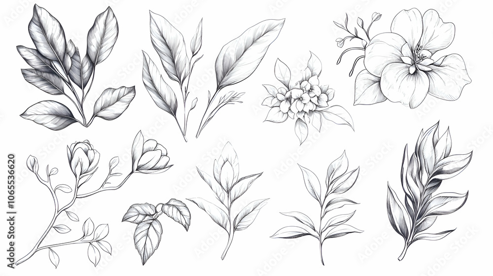 Hand-drawn set of floral elements, including leaves and flowers, in a simple line art style. Hand-drawn set of floral elements, including leaves and flowers, in a simple line art style.