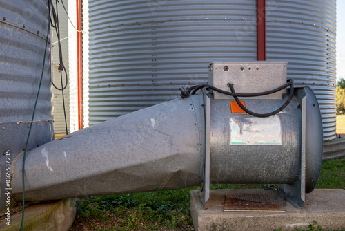 Forced air drier fan attached to a flat bottomed metal grain bins on a family farm. photo