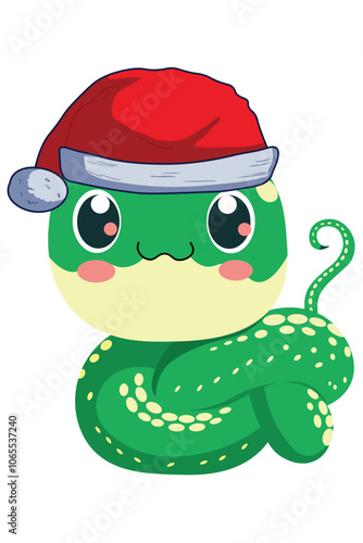 Cartoon, small green snake with new year hat icon. Vector illustration isolated on white background