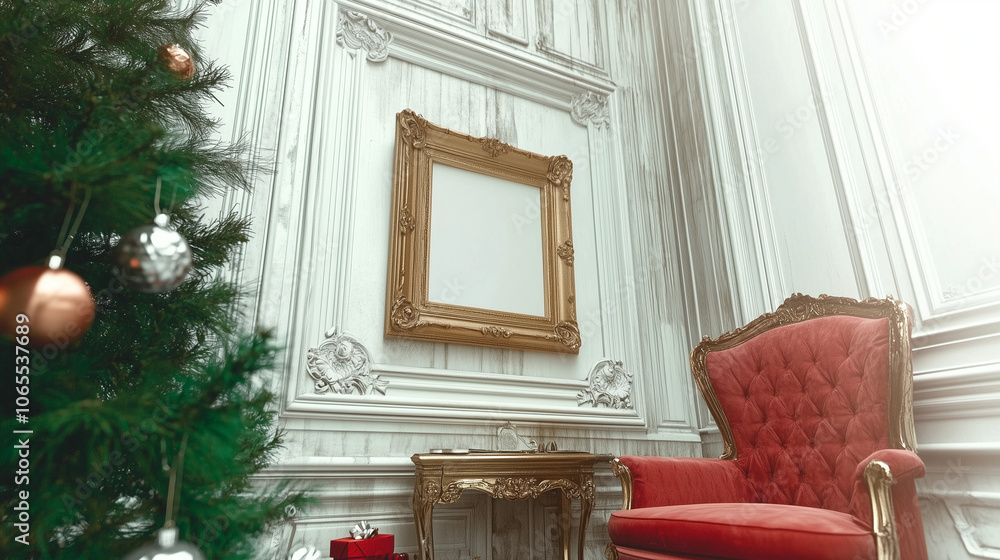 Fototapeta premium A blank photo frame , surrounded by red, gold and Christmas decorations
