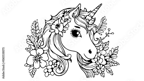 A black and white of a unicorn coloring page design colours graphic  hand-drawn