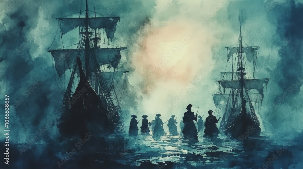 Fototapeta premium Silhouetted Ships and Figures in a Foggy Seascape