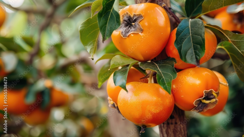 Ripe, Juicy Persimmon Fruit Hanging on Trees in Garden
