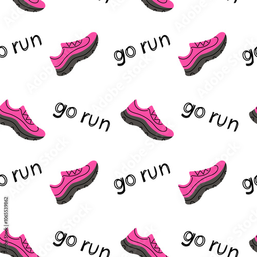 Bright pink running shoes pattern with motivational text on a white background