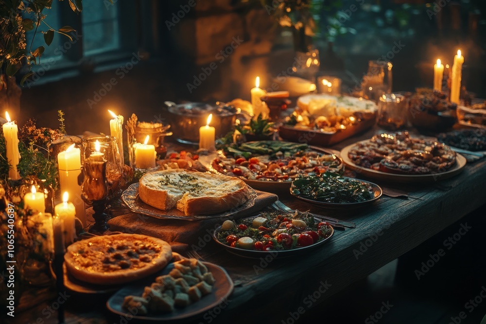 Fototapeta premium Medieval feast table illuminated by warm candlelight with delicious food and rustic decor