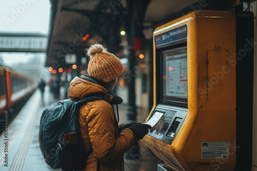 Young woman buying train ticket at automatic ticket machine photo