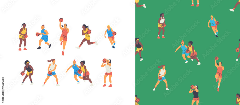 Obraz premium Diverse basketball player woman athlete team seamless pattern set. Colorful retro style basket ball game female players print illustration. Includes slam dunk, jump pose women background.