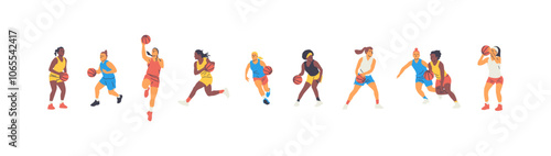 Set of diverse basketball player women athlete team figures. Colorful retro style ball game female players illustration collection. Includes basket slam dunk pose, jump on isolated background.
