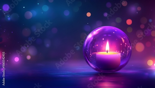 A purple candle in an orb-shaped glass on a dark background with bokeh lights. An abstract, dreamy, and magical concept of love for Christmas holiday celebration photo