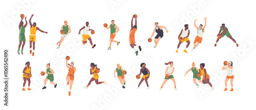 Diverse basketball player people team set. Colorful retro style athlete group playing game on isolated background. Men and women basket ball character collection, sport illustration. 