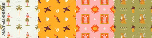 Retro tropical summer seamless pattern set. Hand drawn style background illustration collection. Vintage exotic nature textile print, jungle animal texture with hawaiian dancer, palm tree.