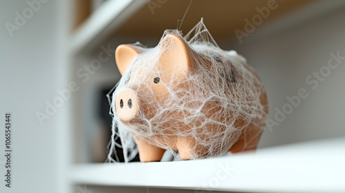 Piggy bank covered with spider webs on a shelf in a blurred background, symbolizing neglect or financial inactivity over time. photo