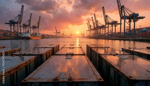 Industrial Harbor Sunset with Cranes and Barges photo