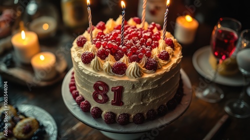 A vanilla birthday cake with raspberries and candles, celebrating an 81st birthday. photo