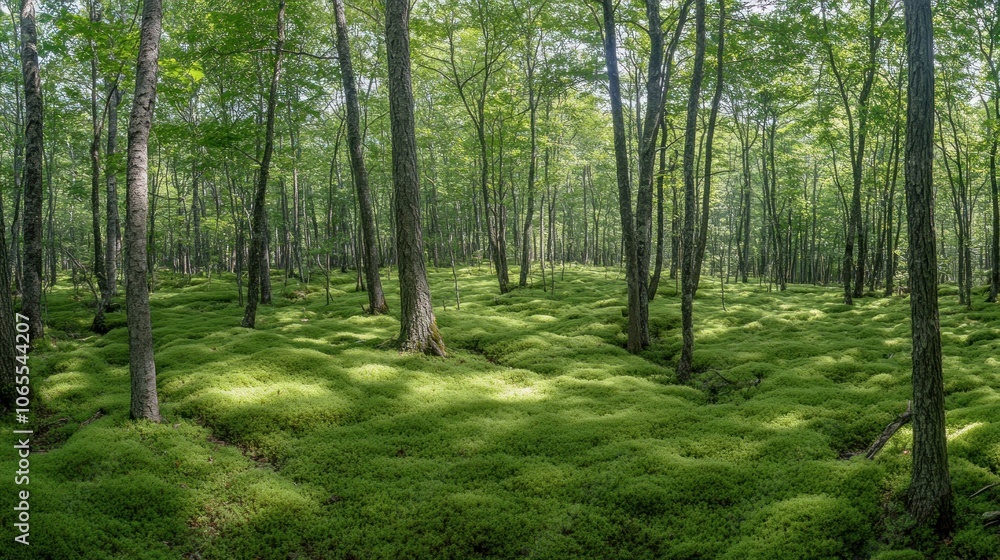 A serene forest landscape with lush green moss covering the ground beneath tall trees. A serene forest landscape with lush green moss covering the ground beneath tall trees.