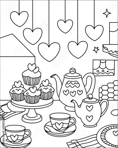 Illustration of a tea party setup, featuring a cupcake and teapot