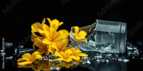 Fragile beauty, delicate yellow flowers, shattered glass, a poignant reminder of life's impermanence and the fragility of happiness