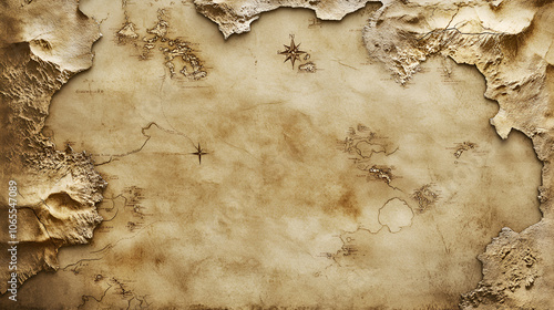 Ancient treasure map with tattered edges, illustrated compass rose, and mysterious markings on aged parchment photo