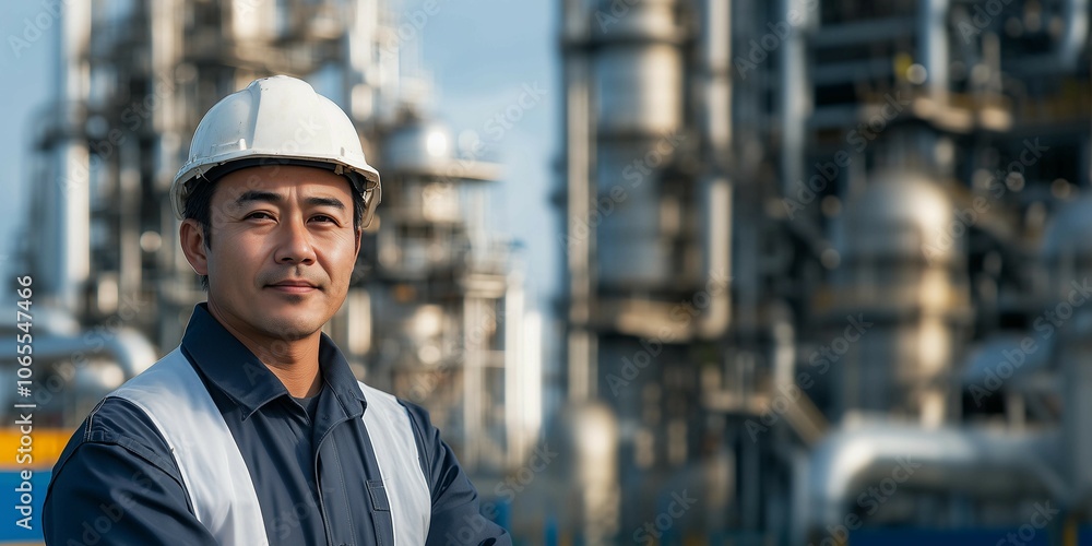 Worker,engineer in safety vest and hard hat stands near large industrial machinery,copy space. Worker,engineer in safety vest and hard hat stands near large industrial machinery,copy space.