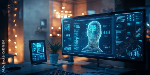 Futuristic Interface on a Desktop Computer Screen with a Wireframe Human Head