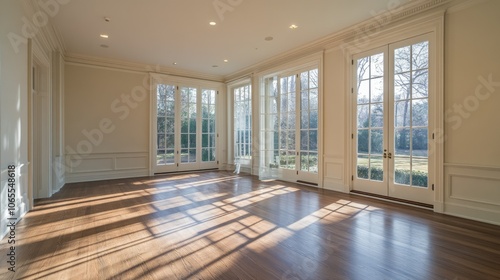 Bright, empty room with oak wood floors and large windows letting in natural light, creating a serene and elegant space with simple, classic lines.