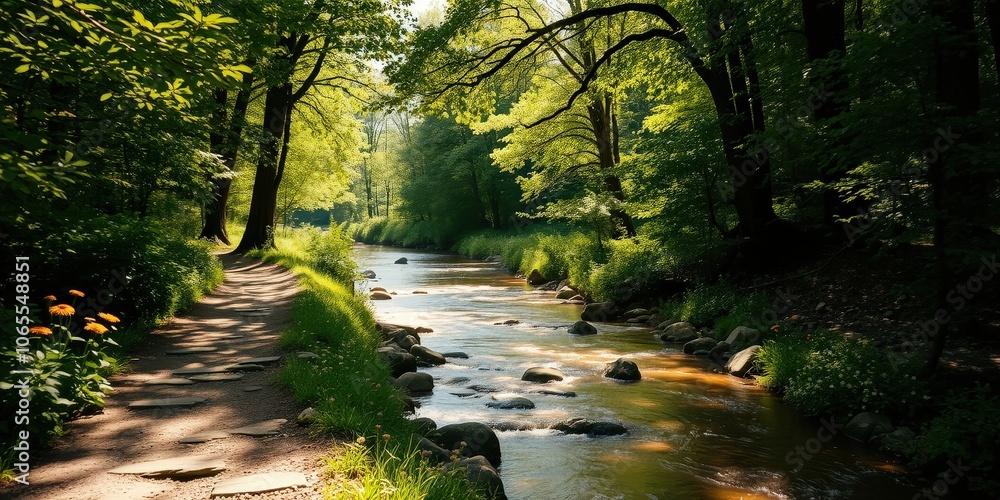Fototapeta premium A winding stone path through a lush green forest leads to a flowing river with sun dappled water, casting long shadows on the surrounding vegetation
