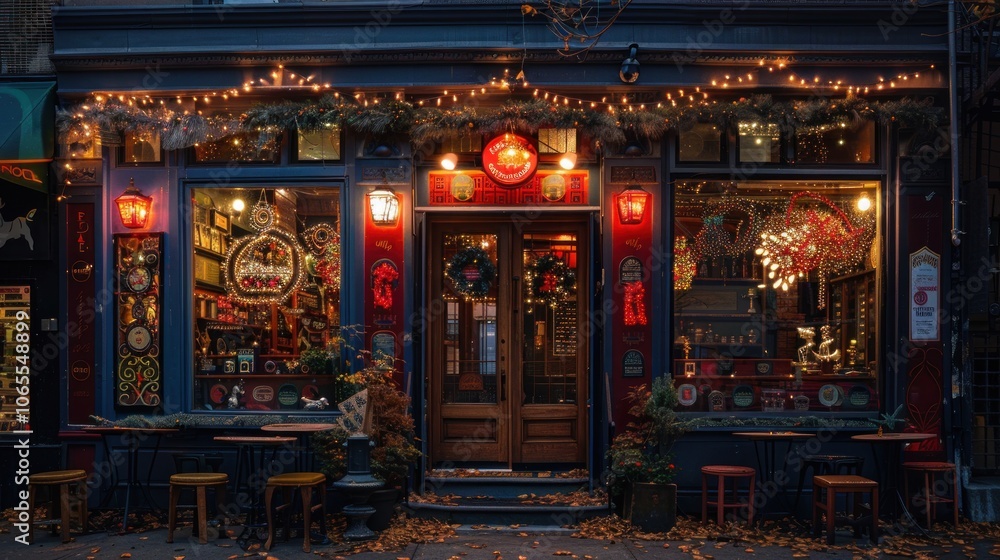 Fototapeta premium Cozy Storefront with Christmas Lights