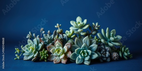 Wallpaper Mural A vibrant arrangement of succulents with a bluish-green hue rests upon a deep blue background, creating a captivating contrast that highlights the delicate details of each plant. Torontodigital.ca