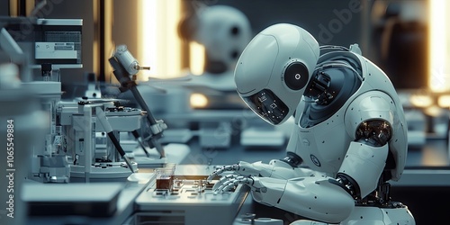Futuristic Robot Scientist Working in a Lab