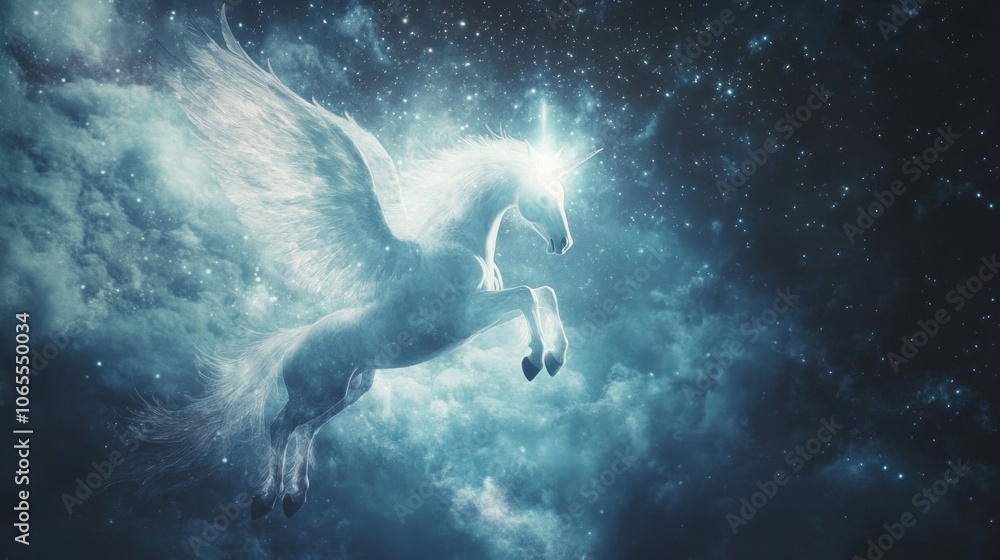 Obraz premium Depict the celestial creature Buraq, as described in Islamic mythology, soaring across the heavens. The Buraq is portrayed as a radiant white, horse-like creature with wings