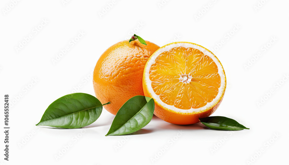 Fototapeta premium Two ripe oranges, one whole and one halved, sit next to green leaves against a clean white background, highlighting their freshness and vibrant color