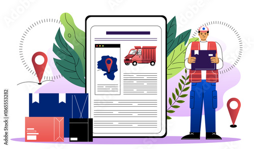 Online logist with boxes. Man near cardboard boxes. Shipping and transportation, logistics. Import and export of goods. Flat vector illustration