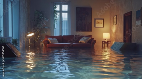 Floating furniture in a flooded living room, representing the value of home insurance in protecting against unforeseen natural events