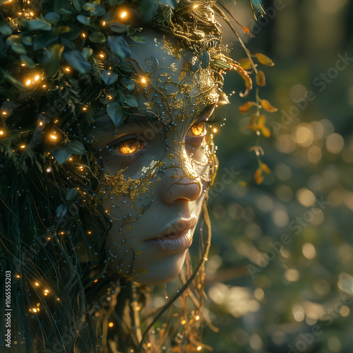 Fairy. Girl in enchanting forest. Magical, dreamlike atmosphere. Enchanted forest at night. Fairy trees. Magic fairytale scene in the surreal fantasy world. photo