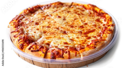 Pizza with cheese in plastic box, separate with clipping path. photo