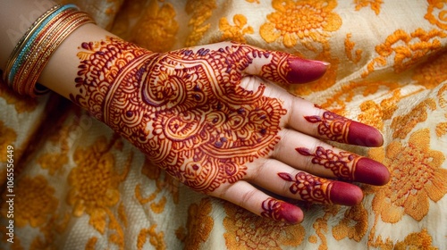 Intricate Henna Tattoo on Hand with Floral Design and Jewelry