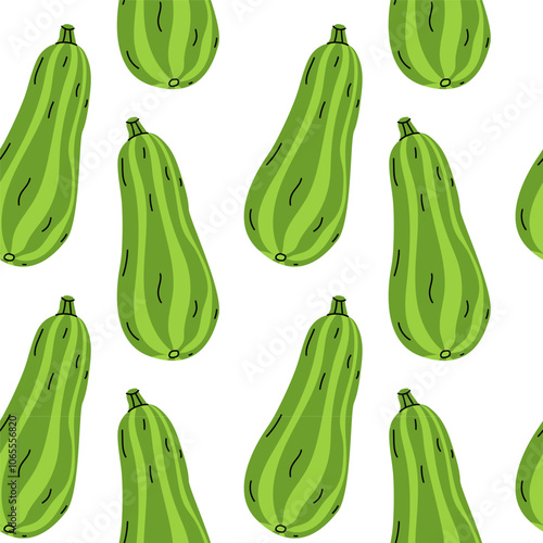 Colorful pattern of green zucchinis arranged evenly on a white background for fresh produce decor