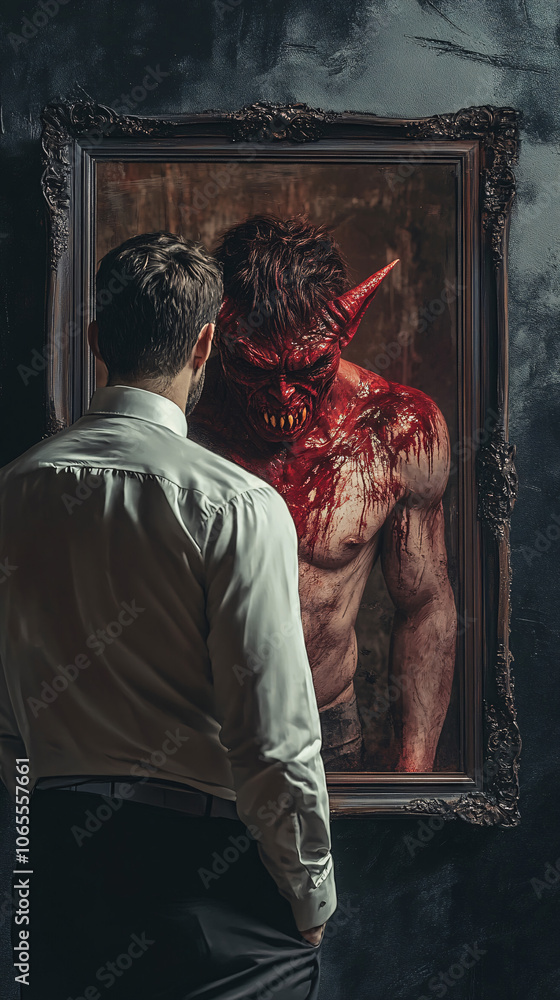 Obraz premium Psychological torment by your own demons and mental illness concept with a person looking in the mirror and seeing his own reflection as a demon, narcissist see monster in the mirror true reflection