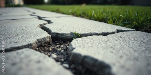 A single blade of grass stubbornly pushes through a crack in the pavement, a testament to the tenacious nature of life photo