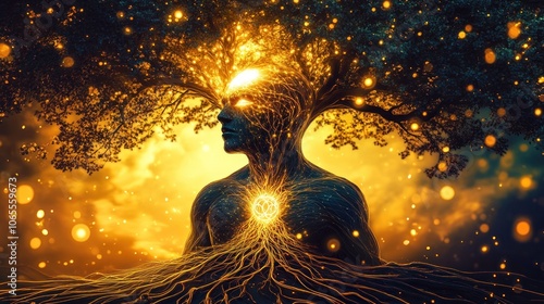 Third eye glowing with spiritual roots and branches, AI generated