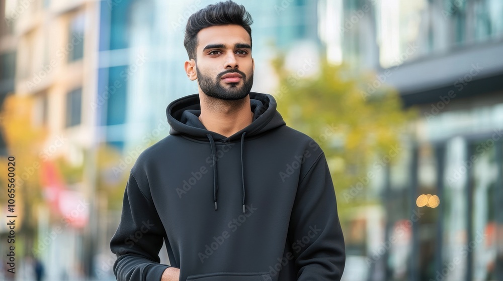 Obraz premium A young man relaxes in a hoodie with a soft urban backdrop, hands casually in pockets