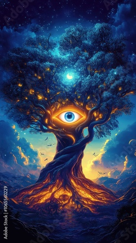 Third eye glowing with spiritual roots and branches, AI generated photo